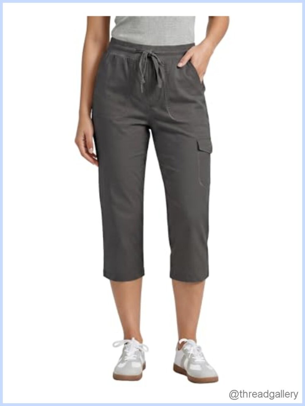 Cargo Capri Pants Elastic High Waist Drawstring Pull On Cotton Chino Cropped